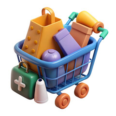 Stylized shopping cart filled with groceries and medical supplies isolated on transparent background