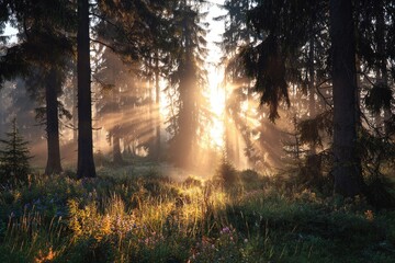 Obraz premium Sunrise in a misty forest