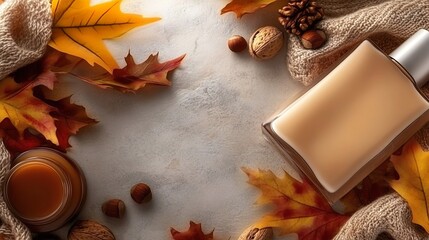 Autumn cosmetic product mockup with bottle and natural elements on fall background banner with copy space