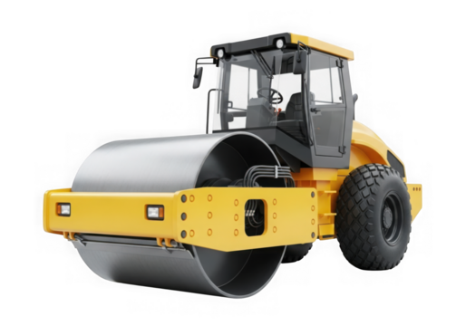 A yellow road roller is ready for construction work, isolated on transparent background