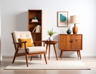 Cozy living room interior design with chair, bookcase, and lamp for relaxation cozy