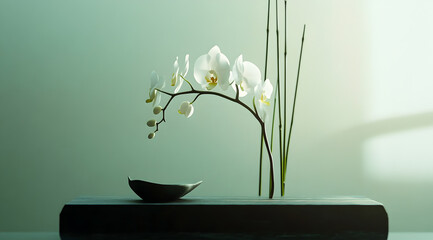 Delicate white orchid blooms gracefully arching over a dark rectangular base with minimalist decor