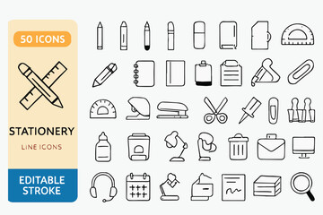 Fototapeta premium 50 Stationery Line Icons Set Featuring Pens, Pencils, Rulers, Erasers, Notebooks, Clips, Scissors, Folders, Lamps, Trash Bins, Magnifying Glass, and Office Supplies – Editable Stroke Vector for School