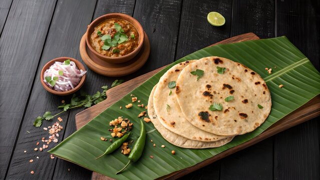 Jolada Thalipettu on Banana Leaf &ndash; Authentic Jowar Rotti with Chutney on Black Wood Table