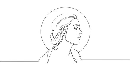 Line drawing of a woman&rsquo;s profile with halo in minimalist style, transparent background.  