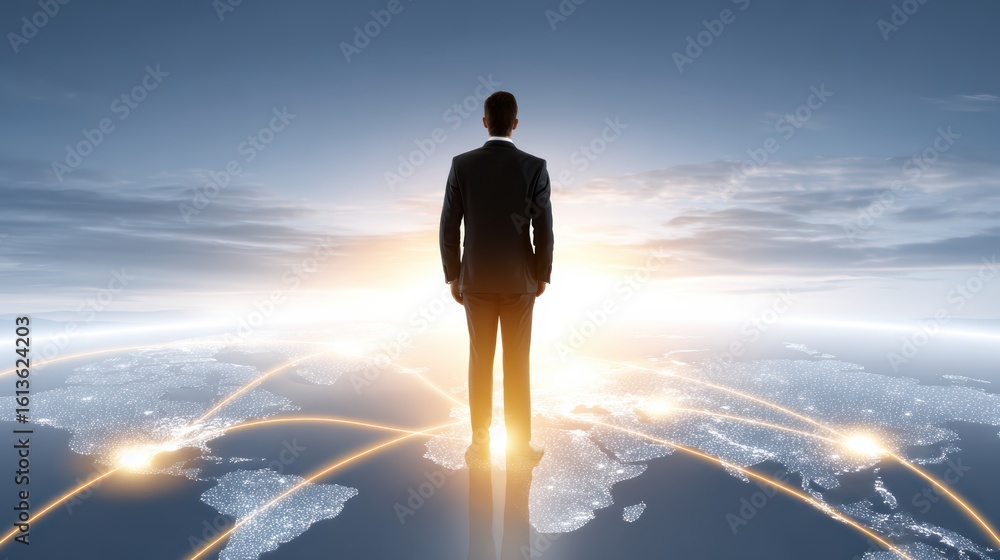 Aufkleber a man in a suit stands overlooking a glowing digital world map with connected light points symbolizi