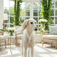 Um elegante cão Saluki branco em pé em uma sala de sol iluminada com grandes janelas e decoração clássica em tons claros.