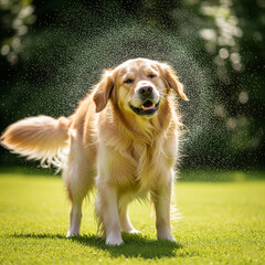 Retrato de um feliz cão Golden Retriever sacudindo a água do pelo em um dia ensolarado no gramado verde.