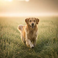 Um lindo cão Golden Retriever caminhando por um campo de grama com gotas de orvalho em uma manhã ensolarada e enevoada.