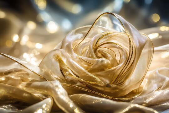 Gold sheer fabric draped in a swirling pattern