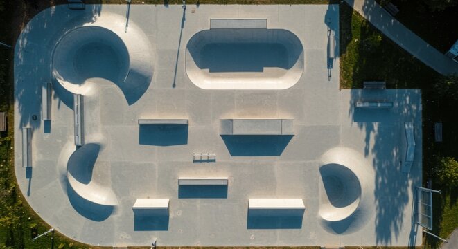 op-down view of concrete skatepark