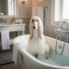 Um elegante cão Afegão branco sentado em uma banheira cheia de água em um banheiro luxuoso com detalhes em mármore.