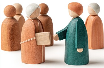 Wooden figures, possibly figurines, in muted earth tones and a teal-green, interacting in a group setting. Two figures are in the foreground, shaking hands, while others are slightly out of focus