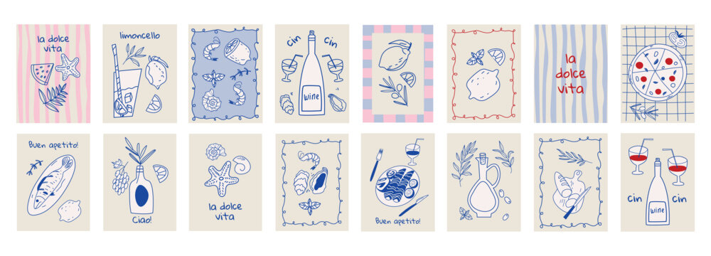Set of hand drawn vintage posters in dolce vita style. Vector illustration of italian style hand drawn posters. Illustration for invitations, menus design. Breakfast, lunch, dinner concept.	