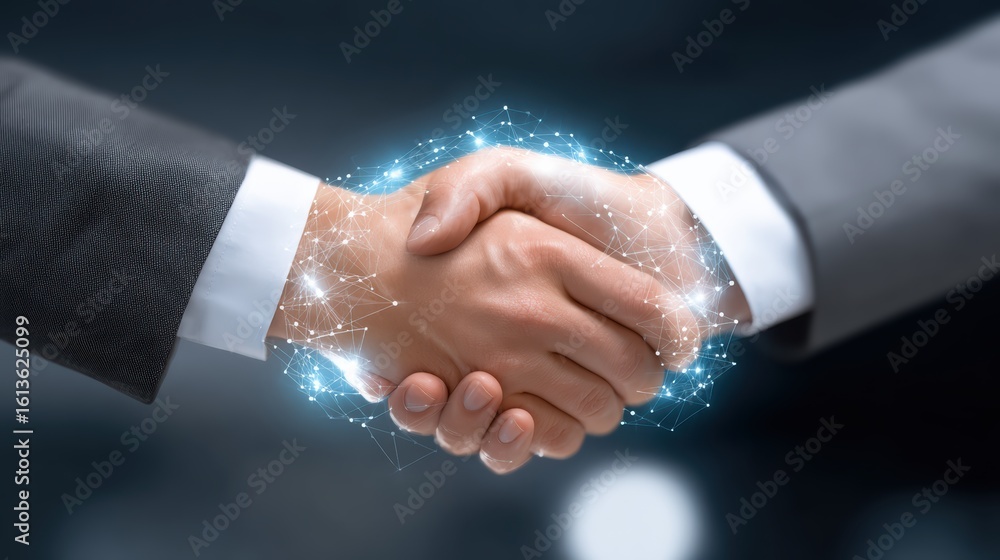 Poster two people in business suits shaking hands with a digital network overlay symbolizing technology and