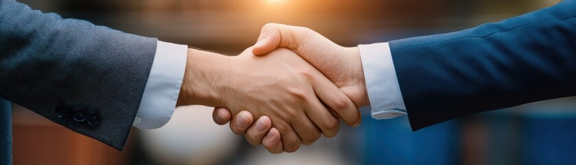 Two people in business attire shaking hands, symbolizing agreement or partnership in a professional setting.