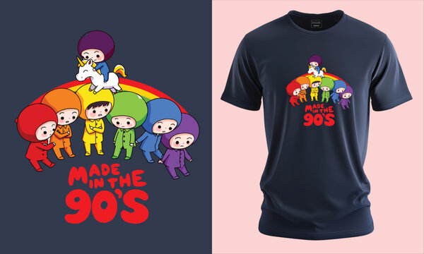 Made in the 90’s Retro Cartoon Character T-Shirt – Colorful Rainbow Nostalgia Tee with Kawaii Kids and Unicorn, 90s Throwback Apparel