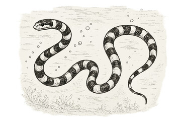Charming black and white illustration of a striped snake swimming, ideal for aquatic reptile and nature art enthusiasts.