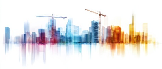 Obraz premium Abstract city skyline with construction cranes, featuring modern high-rise buildings in blue and orange hues with reflective effects.