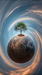 Mini Planet Single Tree Swirling Clouds isolated on a transparent background