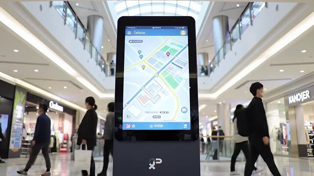 Digital Directory in Busy Shopping Mall with People Wearing Face Mask for Protection Against Virus and Bright Lighting