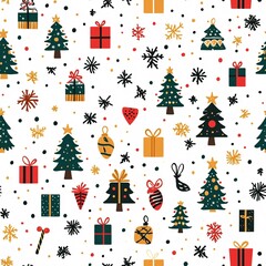 Festive Seamless Christmas Icons Pattern with Gifts and Trees
