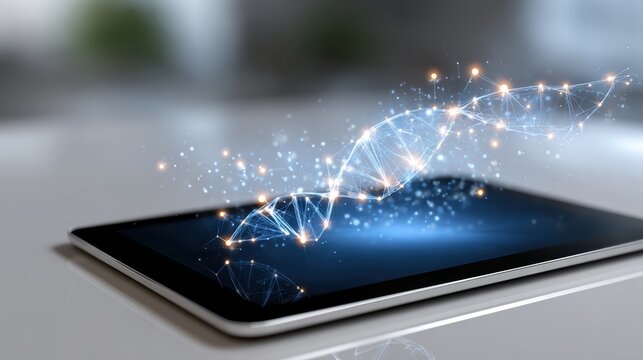 A digital tablet displaying a glowing, futuristic DNA double helix structure made of interconnected points and lines.