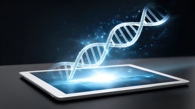 A glowing DNA double helix emerges from a tablet screen against a dark, digital background, symbolizing technology and genetics.