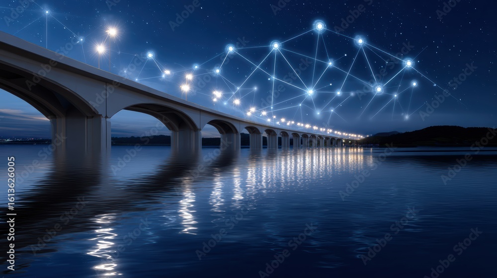Poster a bridge at night over calm water, illuminated with connected glowing nodes symbolizing a digital ne