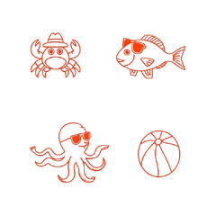 Summer Fun: Beach Icons - Crab, Fish, Octopus & Beach Ball Line Art