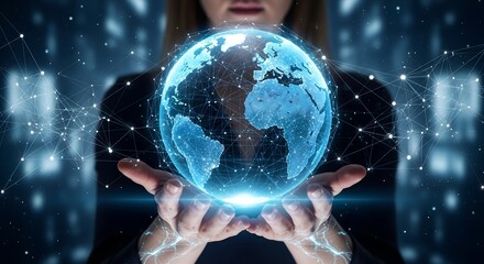 Person holding glowing blue digital earth network with connections globe world Jpg clipping path, social media, Advertisement, HD photo, close up, high quality, web, banner, poster.
