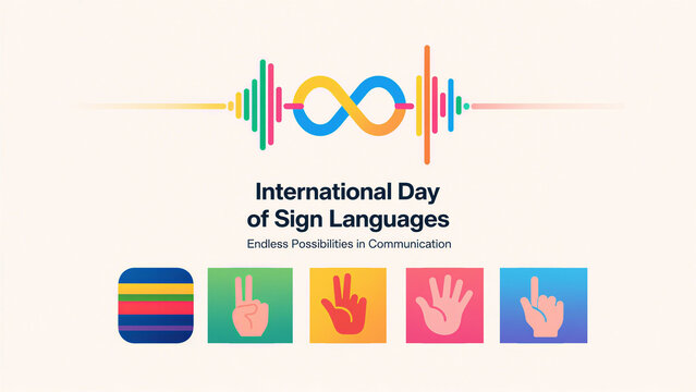 Colorful sound waves and infinite symbols, International Sign Language Day, symbolize the infinite possibilities of communication, used for sign language promotion and diverse communication scenarios.