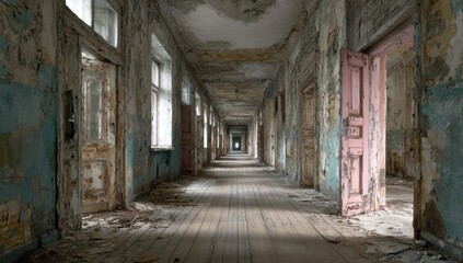 Fototapeta premium Decaying hallway, sunlit perspective