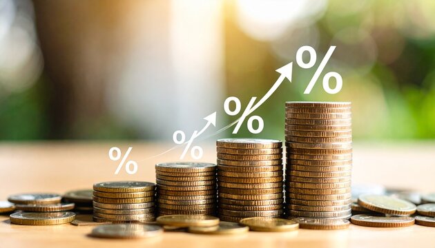 Growth of percentage sign on Stacks of coins are decreasing in height with percentages declining on each one, increase interest financial banking and business.