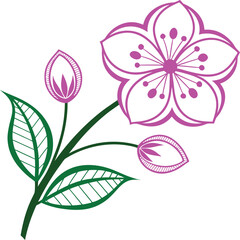 Beautiful purple flower with green leaves and two buds in elegant line art style, perfect for floral vector designs, botanical decorations, and modern nature-themed illustrations.