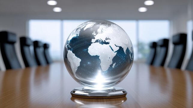 A crystal globe highlighting continents sits on a polished conference table in a modern office with chairs and blurred windows in the background.