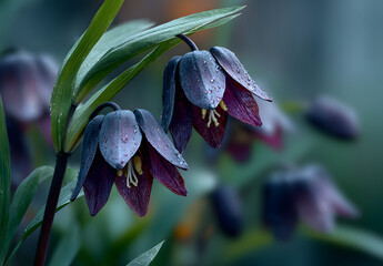 Dark flowers of Fritllaria Persica blooming in a garden