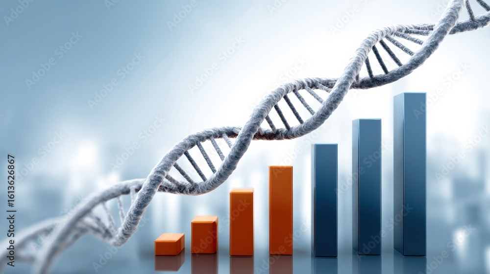 Poster a dna double helix is displayed above a bar chart with ascending bars, symbolizing growth or progres