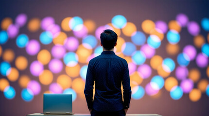 Young Person Looking Up at Colorful Bokeh Lights in Modern Setting