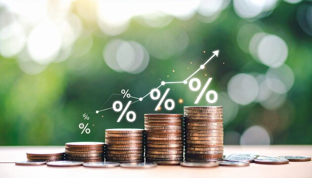 Growth of percentage sign on Stacks of coins are decreasing in height with percentages declining on each one, increase interest financial banking and business.