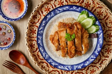 Fried Chicken and rice, , fried chicken , crispy fried chicken ,thai called khao kai tod