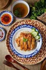 Fried Chicken and rice, , fried chicken , crispy fried chicken ,thai called khao kai tod