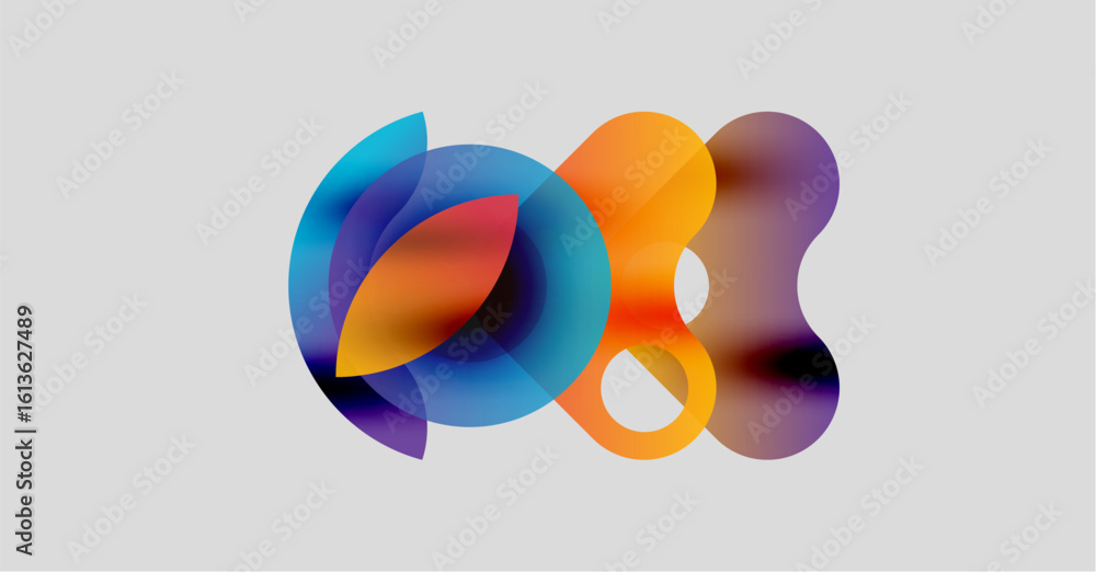 Poster abstract colorful shapes overlap, creating dynamic visual effect. gradient hues blend, suggesting fl