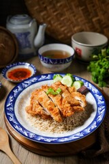 Fried Chicken and rice, , fried chicken , crispy fried chicken ,thai called khao kai tod
