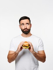 Man contemplating choice holding burger in hands on white background for lifestyle concept