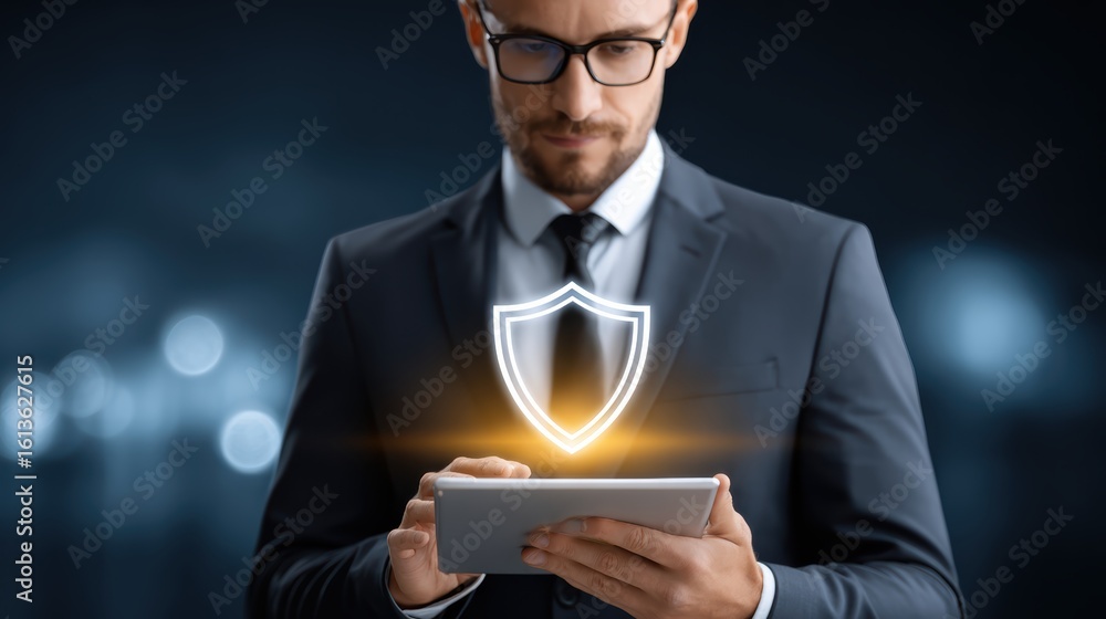 Poster a focused businessman in a suit uses a digital tablet with a glowing shield icon representing cybers