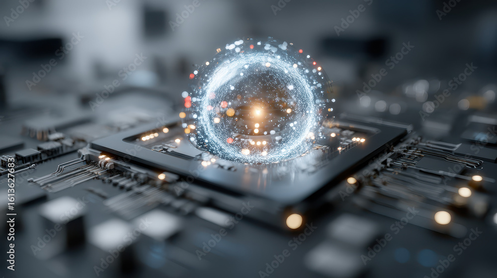 Poster futuristic miniaturised quantum processor showcasing photonic and superconducting technology on a sl