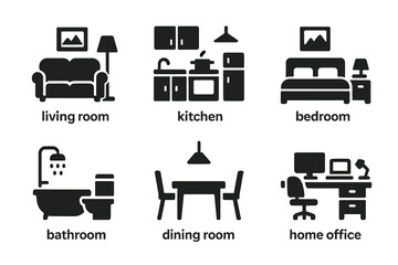 Home rooms icon set. Solid glyph collection of interior furniture symbols. Living room, kitchen, bedroom, bathroom, dining room, and home office vector pictograms.