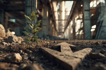 Naklejka premium A small plant sprouts from the ground amidst the ruins of a large structure