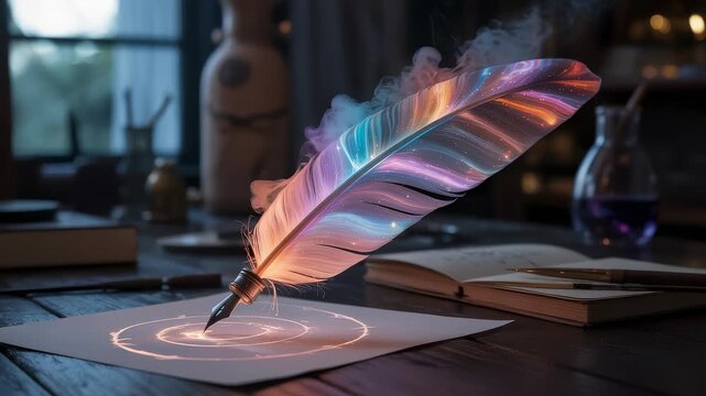Antique desk with cosmic feather quill, book, and swirling light trail